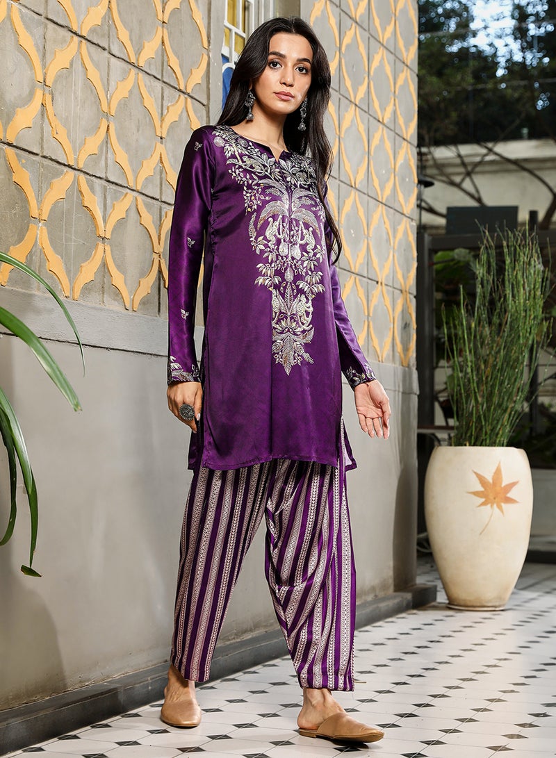 QISSA Women's Violet Ethnic Wilderness Kurti With Trousers & Dupatta For Casual Wear | Portrait Neck | Long Sleeve | 3 Piece Kurta Set Designed With Comfort Fit For Everyday Ethnic Wear - Image 3